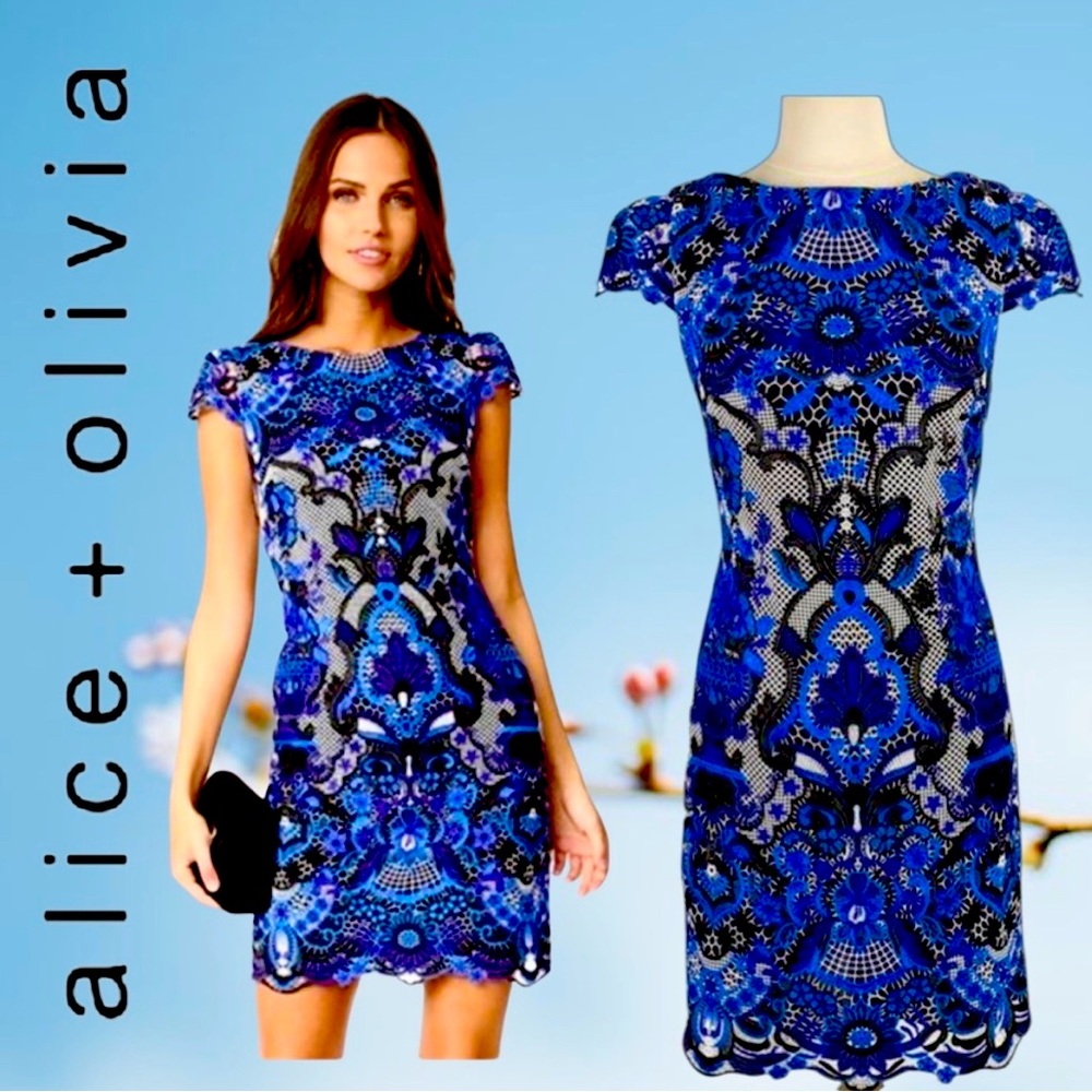 Alice & Olivia Nakia Guipure Embroidered Lace Cocktail Dress from Neiman Marcus